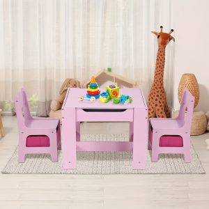3-in-1 Children Table And Chair Set, Kids Activity Table And 2 Chairs Set, W/Blackboard, Storage, Removable Tabletop For Reading Crafts Drawing, Playroom, Nursery